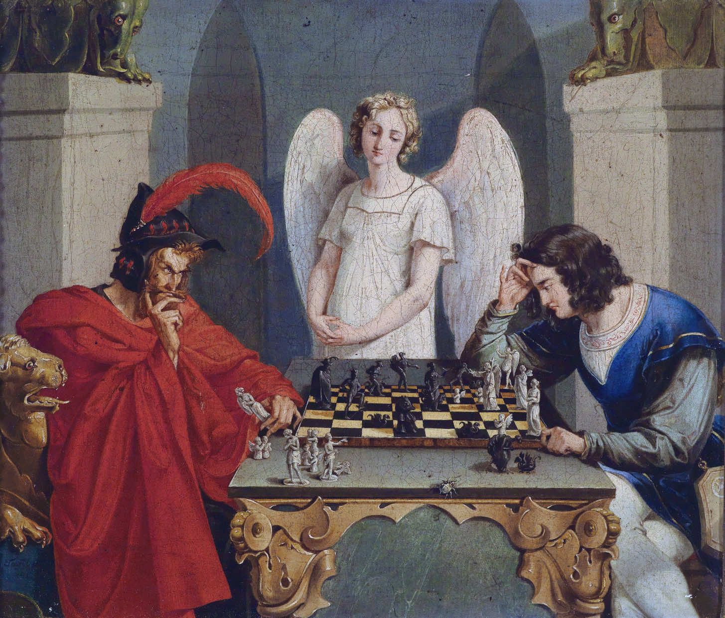 In The Devil’s Checkmate (1831), Friedrich Moritz August Retzsch depicted a chess match between a young man and the Devil, with the man’s soul at stake. When chess master Paul Morphy studied the painting years later, he noticed something surprising. By carefully analyzing the position of the pieces, he concluded that the young man was not actually in checkmate, as it seemed. There was still one move that could place the Devil in check and turn the game around. This interpretation transformed the painting into a symbol of strategic hope: even when all seems lost, a clever move can change fate. The Devil’s Checkmate, 1831 Painted by Friedrich Moritz August Retzsch