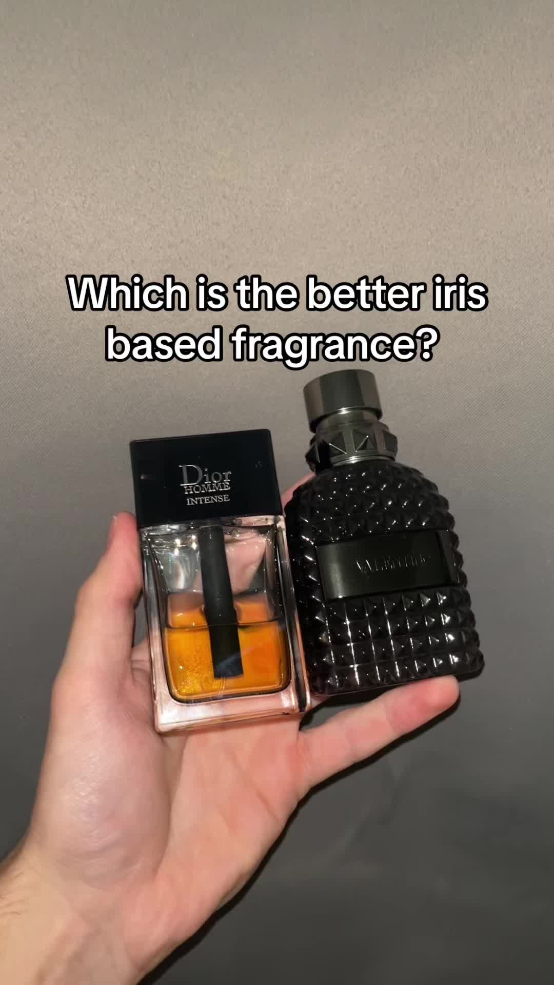 Two of the most hyped up iris fragrances, but which one is better? Dior Homme Intense or Valentino Uomo Intense?  - - - #cologne #mensfragrance #fragrances #fragrancetiktok #irisfragrance #colognes 